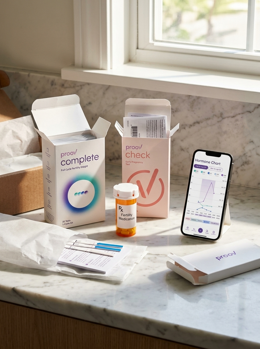 Proov Complete kit, Proov Check tests, fertility medication, and hormone chart app